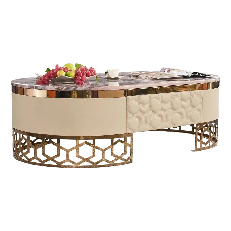 Oval Marble Top Coffee Table with Cream Leather Body