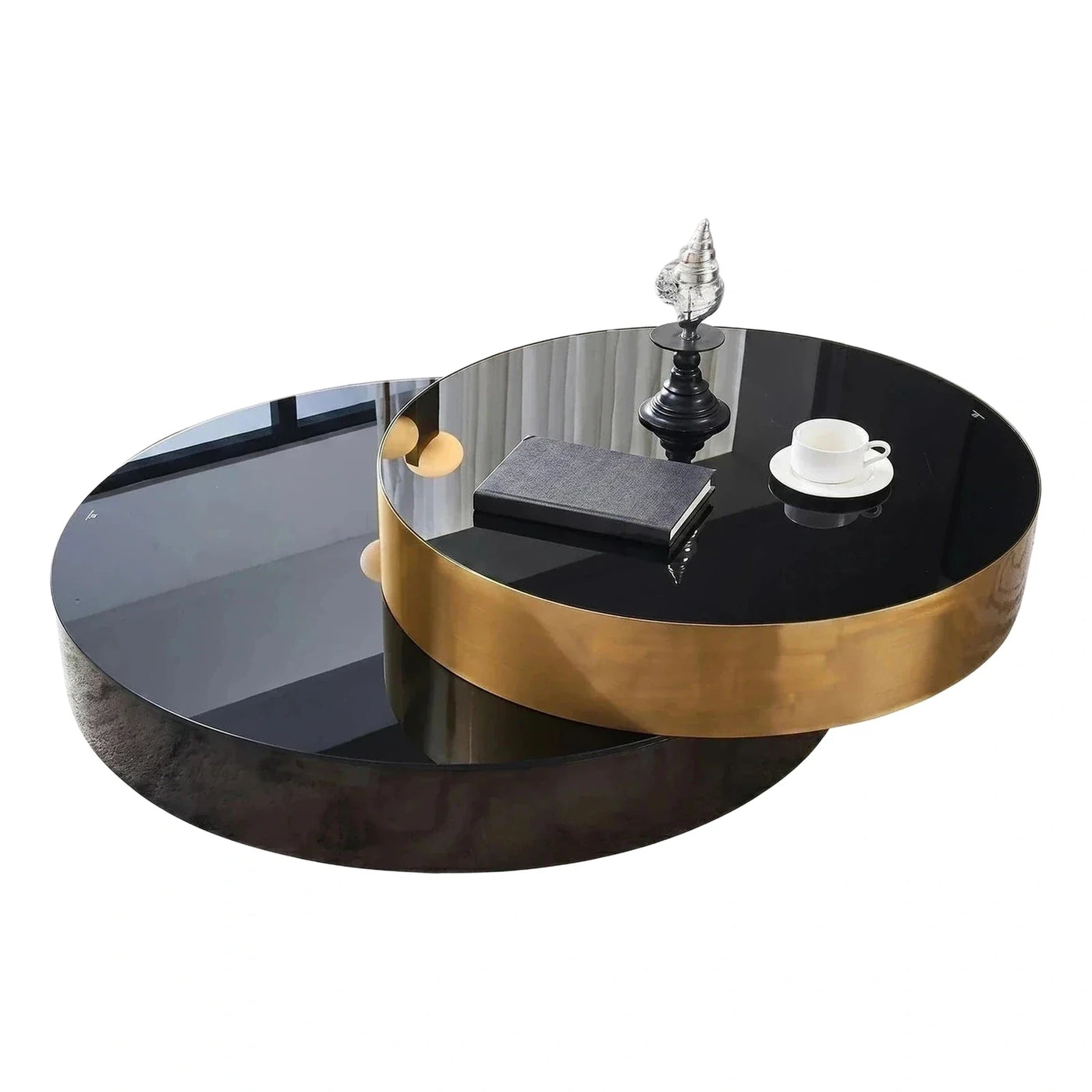 Modern Black Glossy Nested Coffee Table with Gold Base