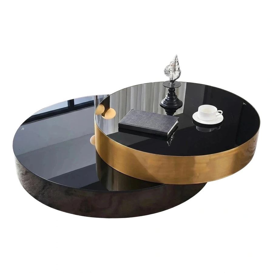 Modern Black Glossy Nested Coffee Table with Gold Base