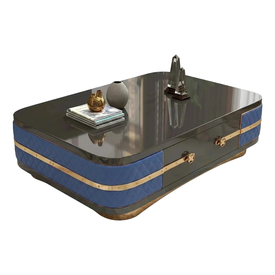Luxury Blue Quilted Leather Coffee Table with Gold Accents