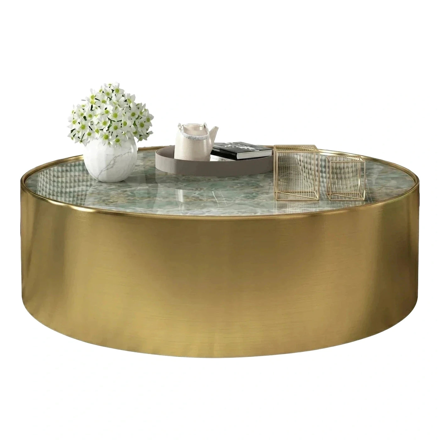 Round Gold Metal Coffee Table Green Marble Top