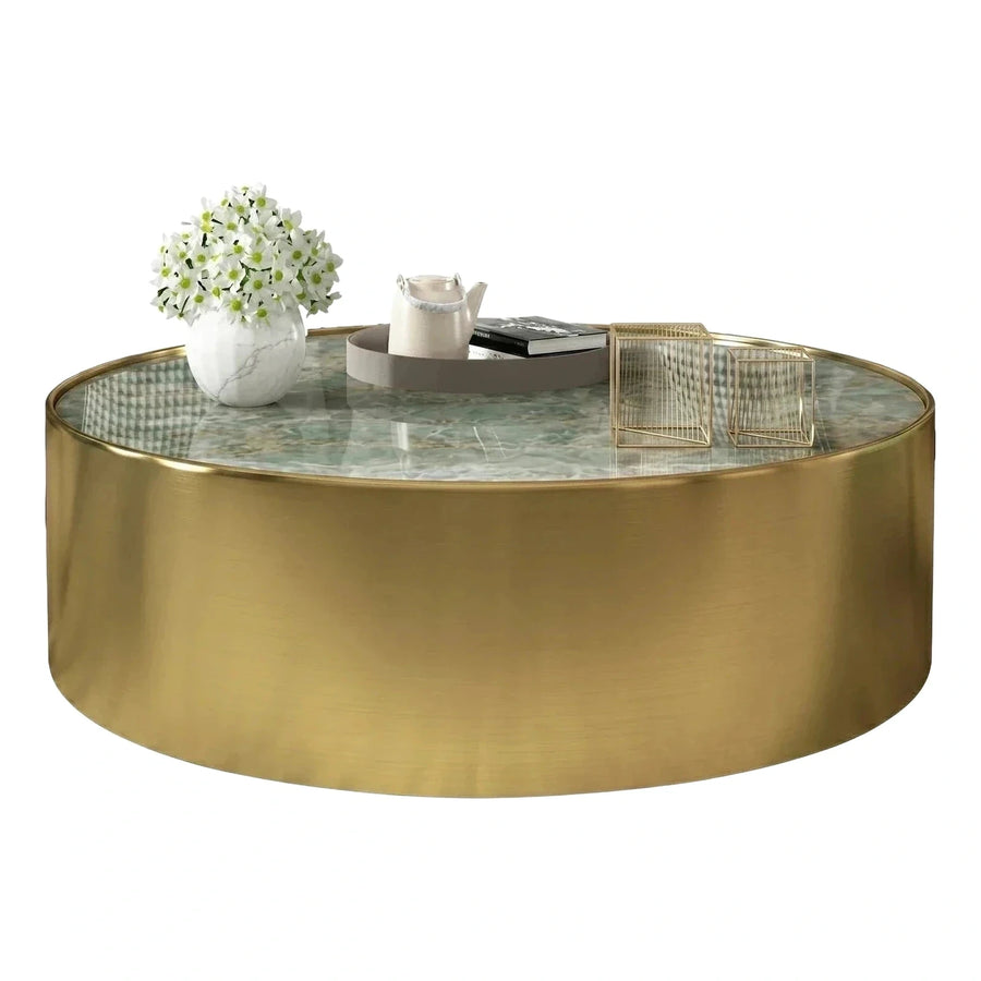Round Gold Metal Coffee Table Green Marble Top