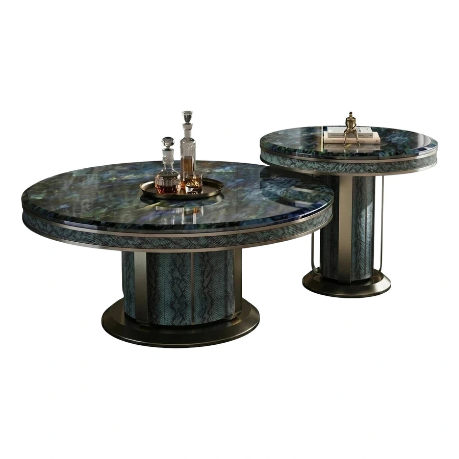 Luxury Blue Marble Round Coffee and Side Table Set
