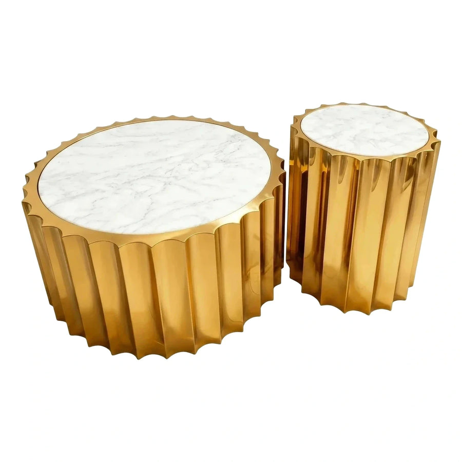 Gold Fluted Metal Marble Top Round Table Set