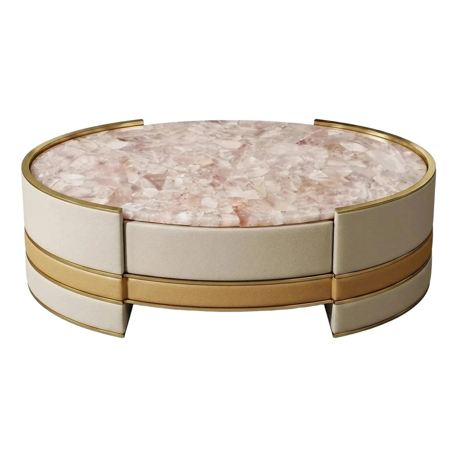 Round Pink Stone Mosaic Coffee Table with Leather Base