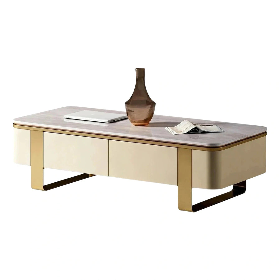 Modern Cream Coffee Table with Marble Top and Gold Legs