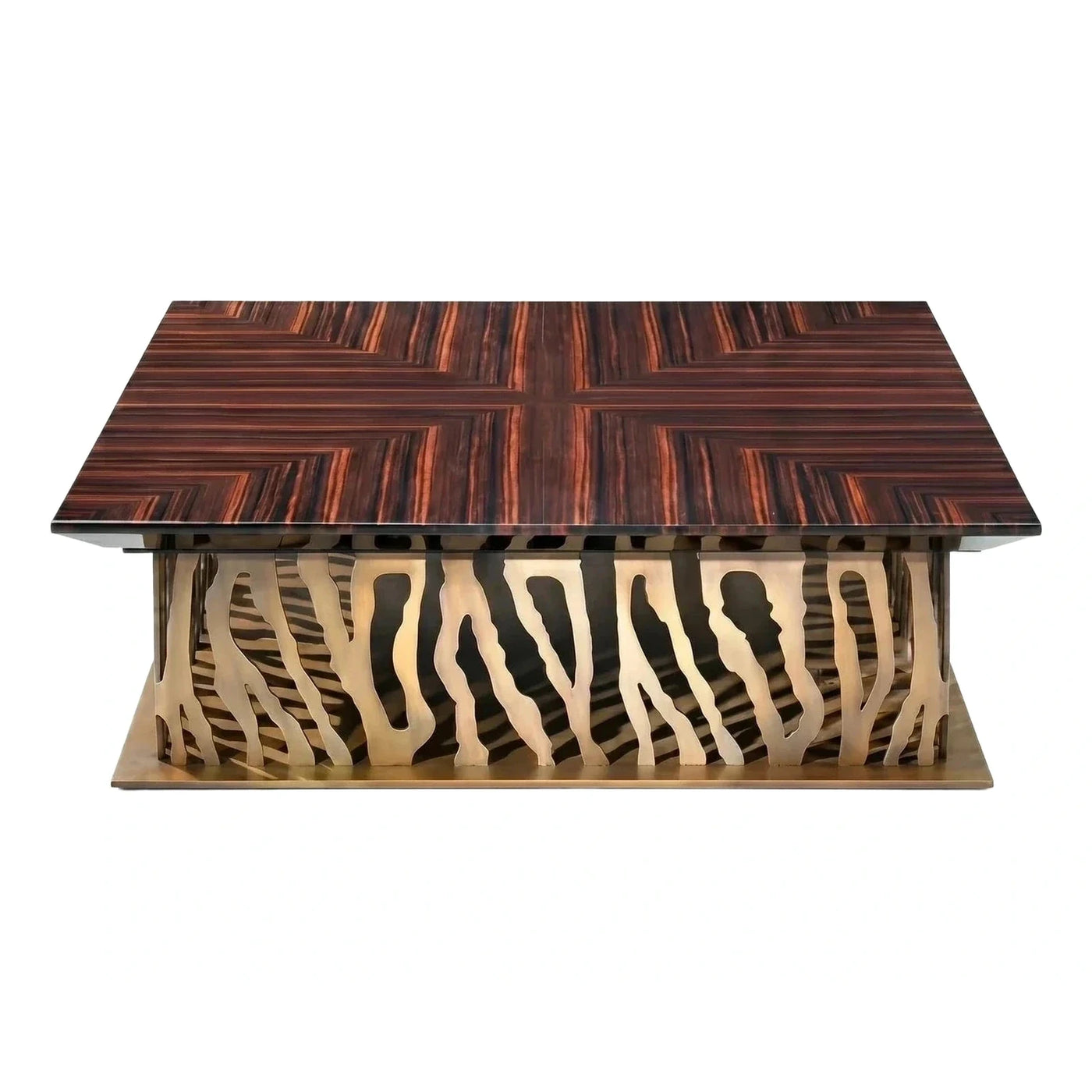 Luxury Geometric Wood Veneer Coffee Table with Brass Base