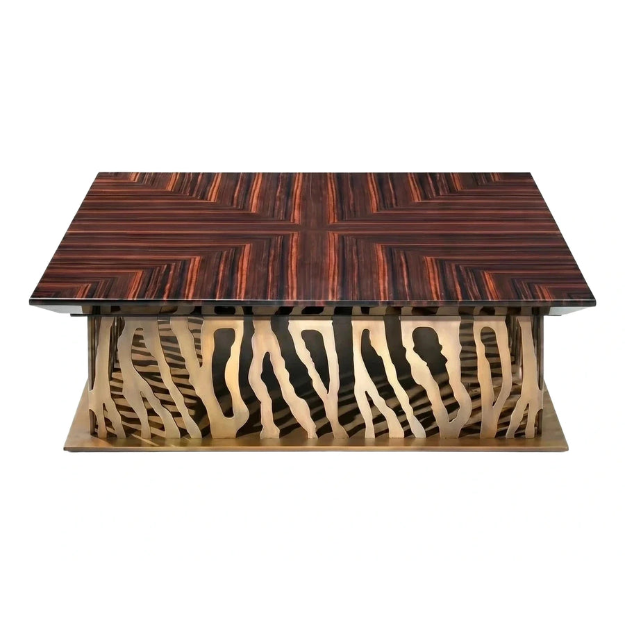 Luxury Geometric Wood Veneer Coffee Table with Brass Base