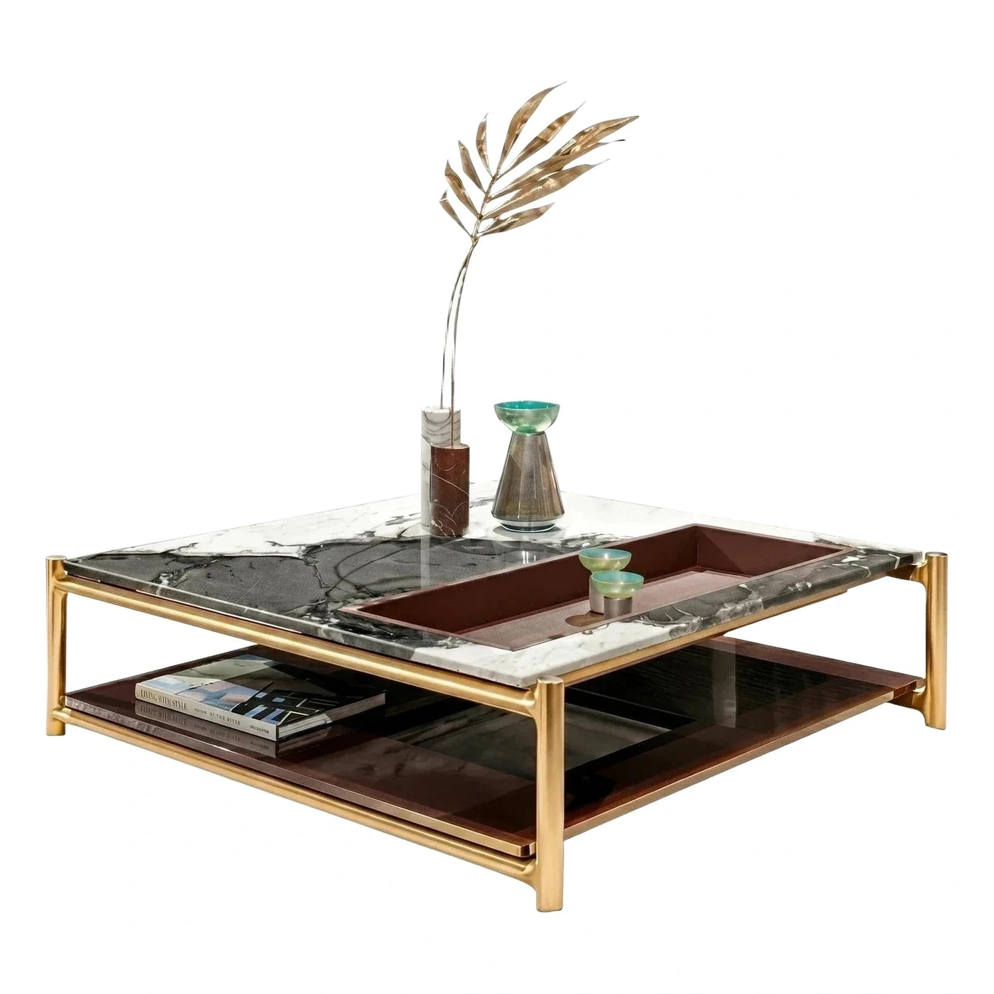 Luxury Gold Metal Marble Top Coffee Table with Tray