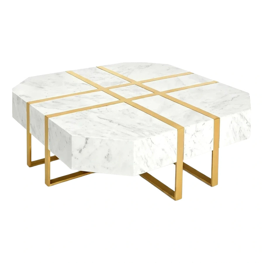 Geometric White Marble Coffee Table with Gold Frame