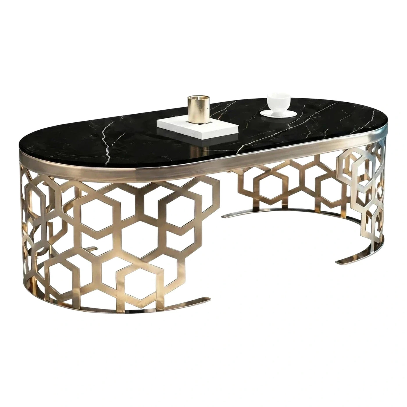 Oval Black Marble Top Gold Honeycomb Coffee Table
