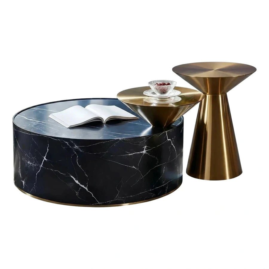Modern Black Marble Coffee Table Set With Gold Metal Tables