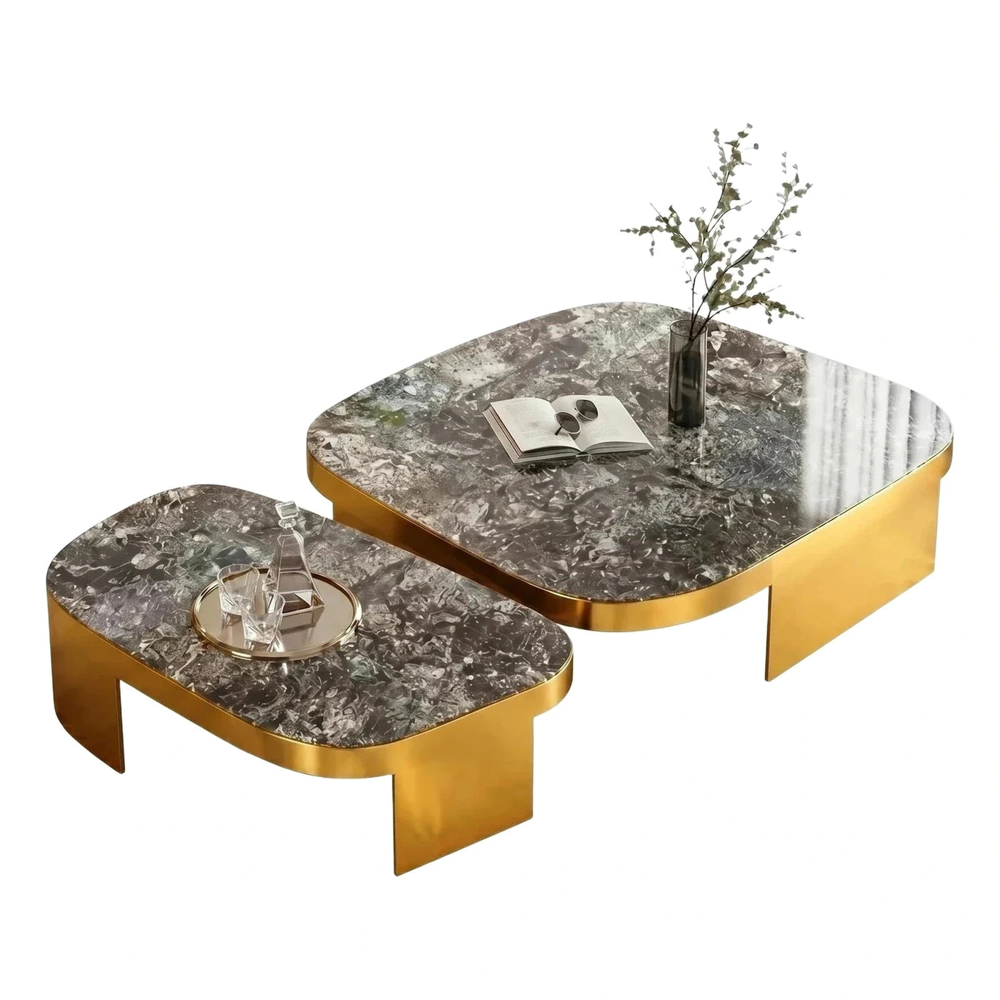 Modern Gold Base Dark Marble Nesting Coffee Table Set