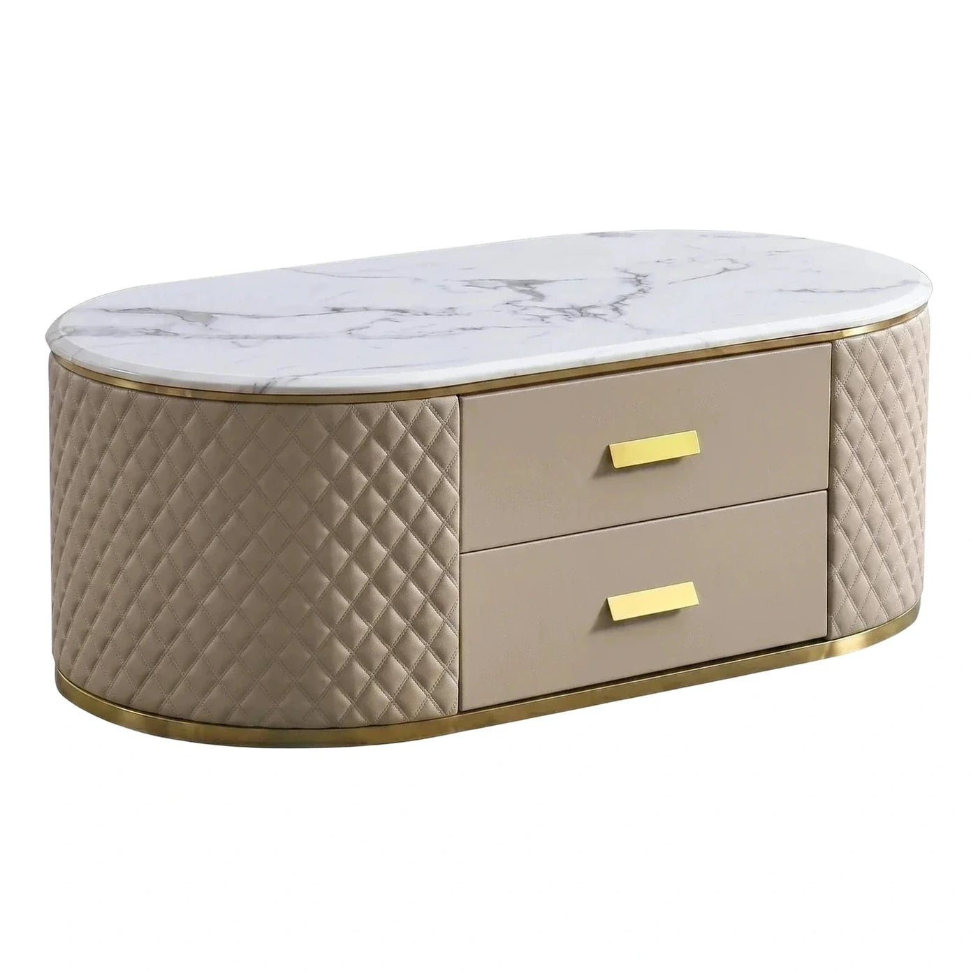 Oval Marble Top Coffee Table with Quilted Beige Drawers