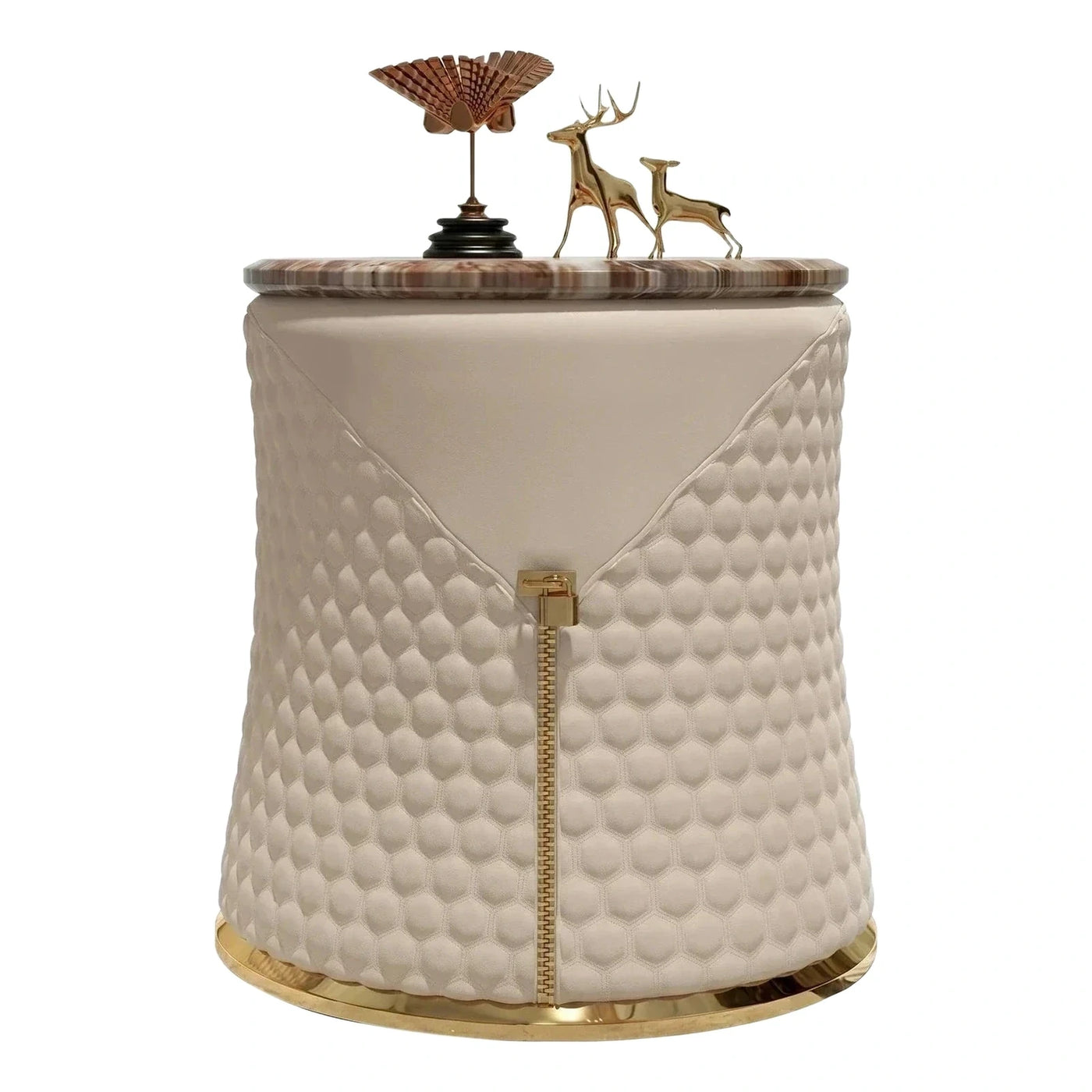 Cream Quilted Side Table with Marble Top and Zipper