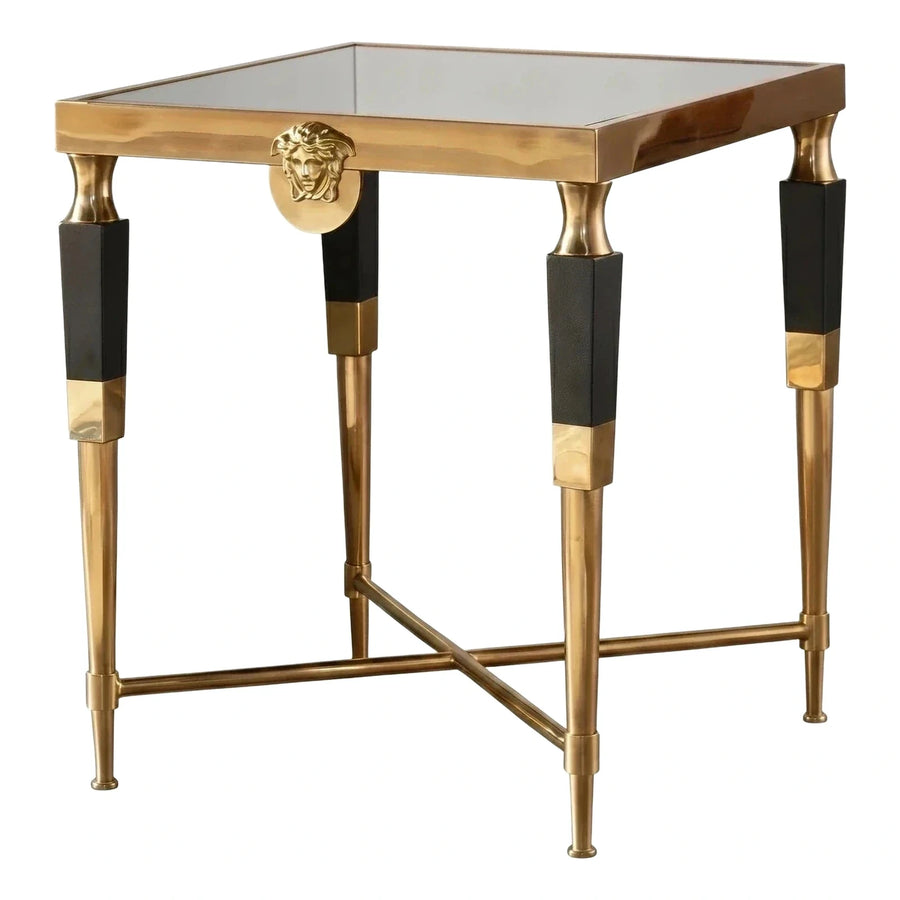 Gold Metal Side Table with Mirrored Top and Medusa Motif