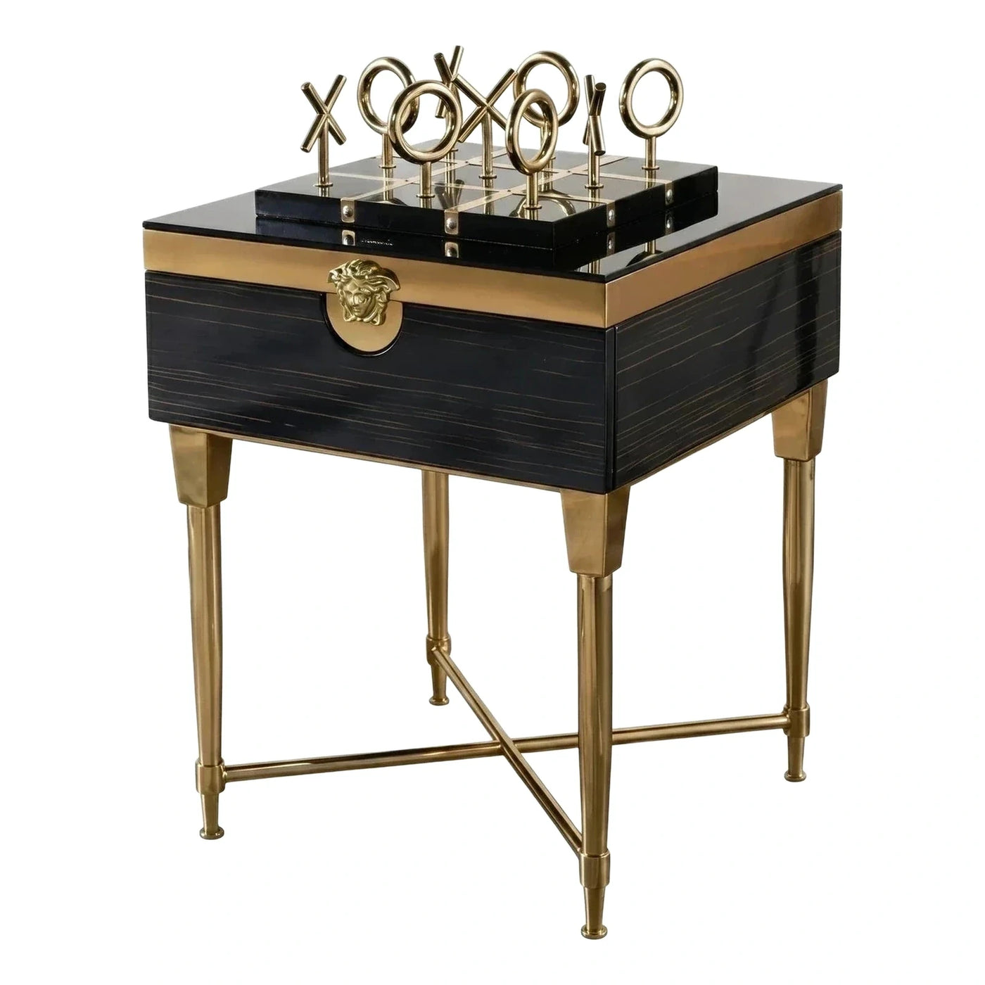 Black Wood Side Table with Gold Medusa Handle