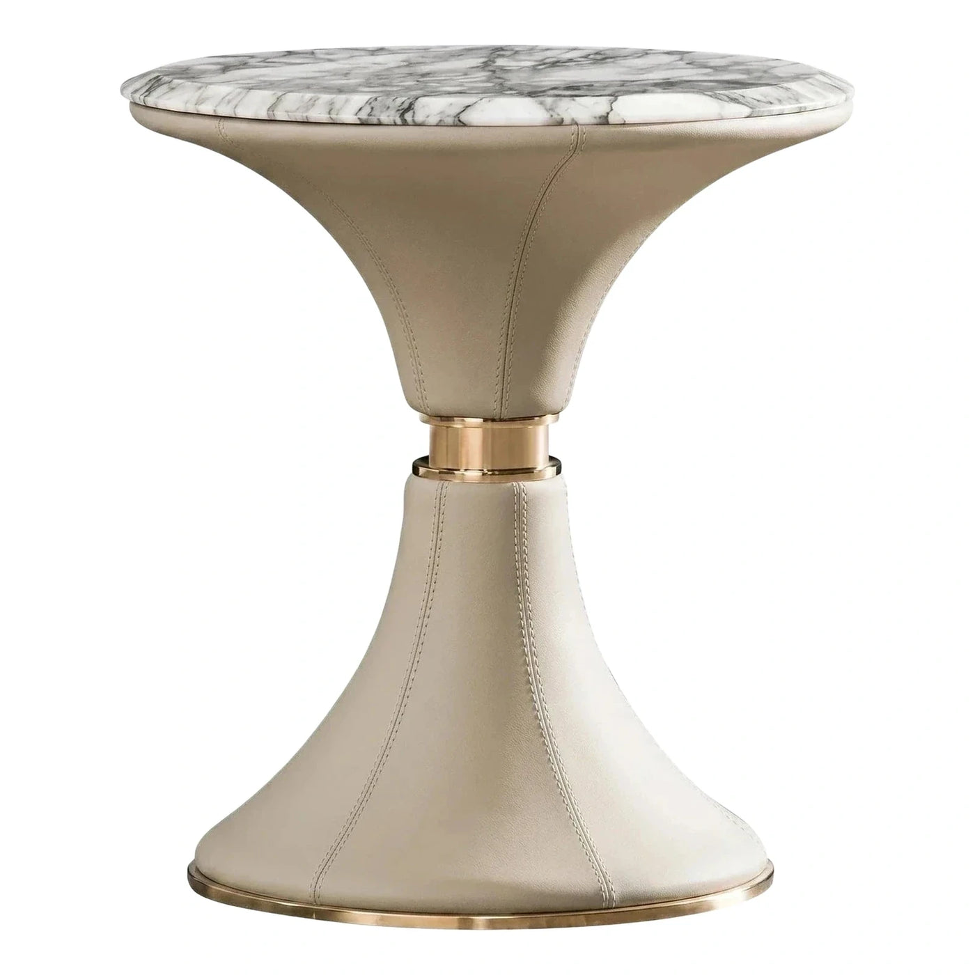 Cream Leather Hourglass Side Table with Marble Top