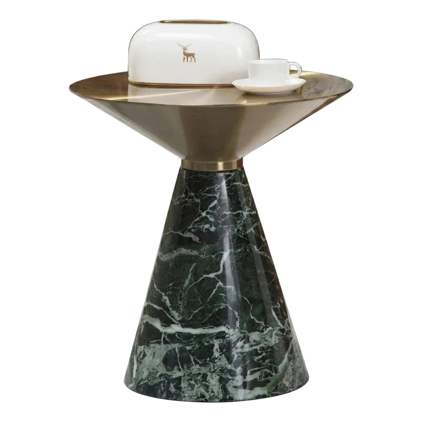 Modern Green Marble Cone Side Table with Brass Top