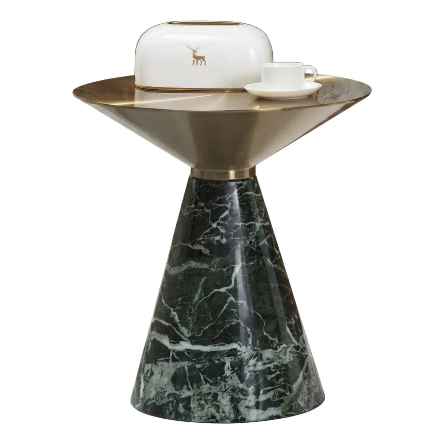 Modern Green Marble Cone Side Table with Brass Top