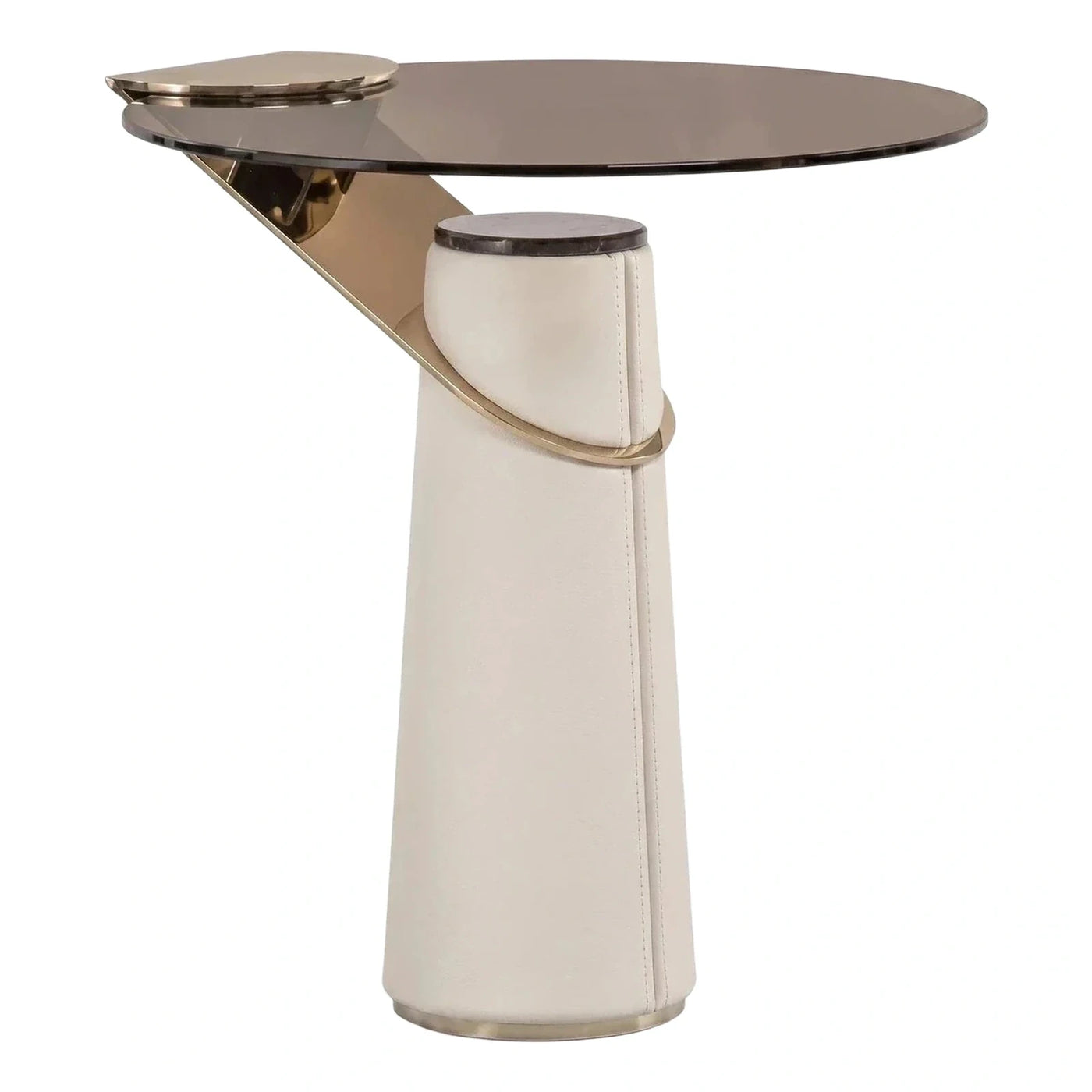 Modern Cream Leather Side Table with Smoked Glass Top