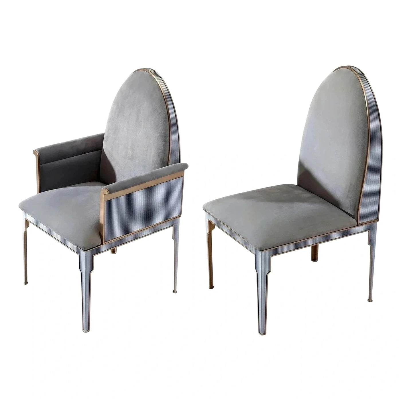 Grey Velvet Dining Chair Set with Fluted Metal Frame