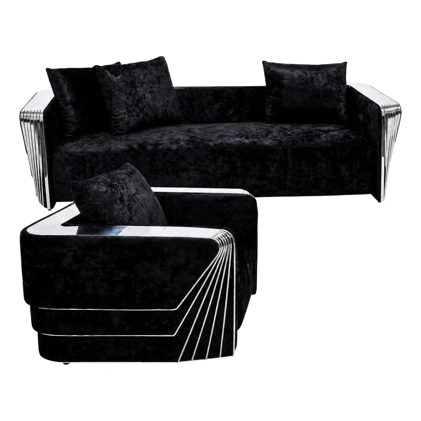 Black Crushed Velvet Sofa Set With Chrome Sides