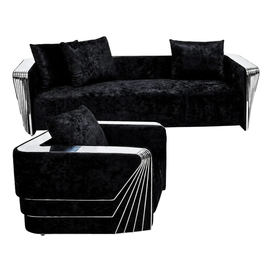 Black Crushed Velvet Sofa Set With Chrome Sides