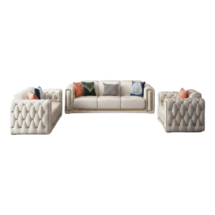 Cream Tufted Leather Sofa Set with Gold Accents