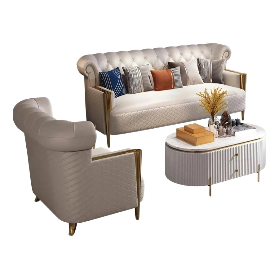 Cream Tufted Sofa Set with Gold Metal Accents