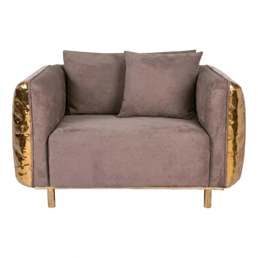 Taupe Velvet Loveseat with Hammered Gold Sides