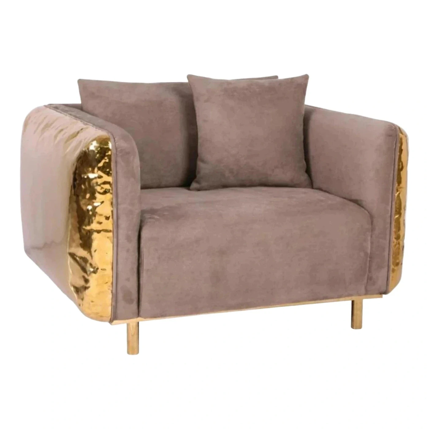 Modern Taupe Velvet Loveseat with Gold Metal Accents
