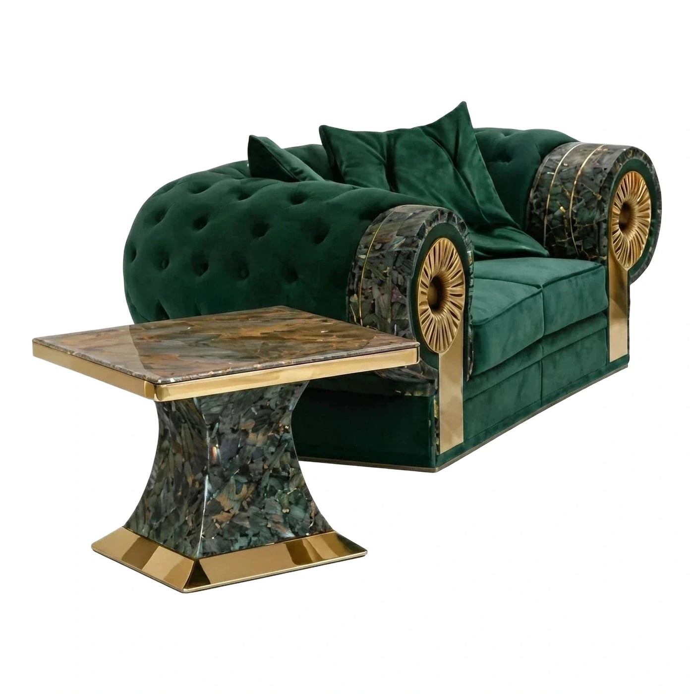 Emerald Green Velvet Loveseat with Stone Inlay Table