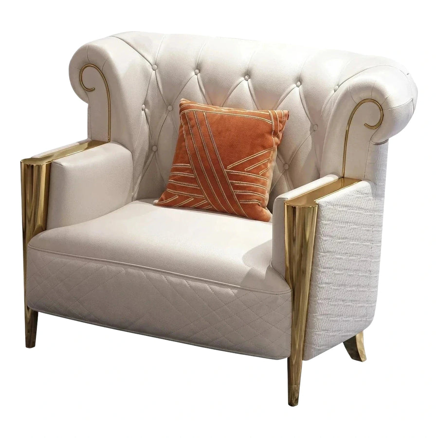 White Tufted Leather Loveseat with Gold Metal Frame