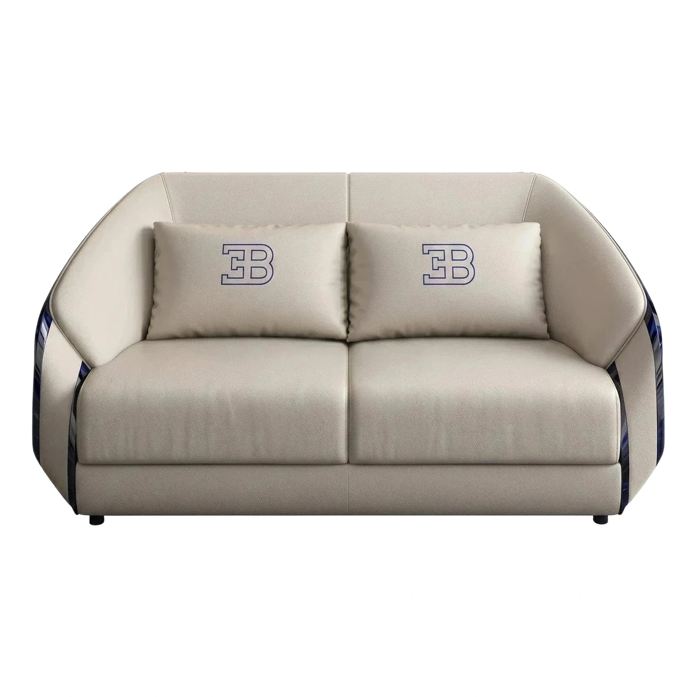 Cream Leather Loveseat with Blue Side Panels