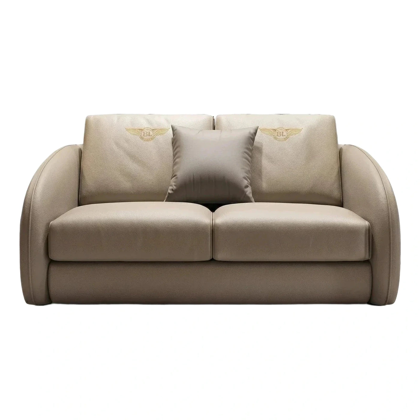 Modern Beige Leather Loveseat with Gold Winged Emblem