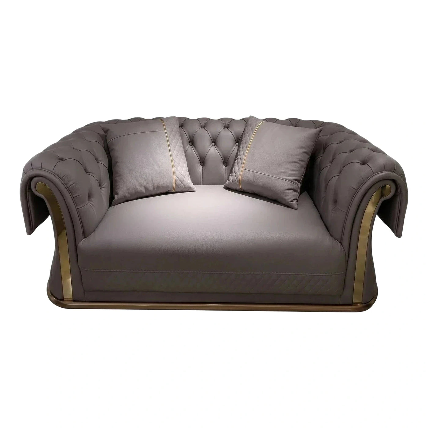 Grey Tufted Leather Loveseat with Gold Metal Accents