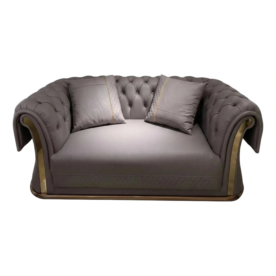 Grey Tufted Leather Loveseat with Gold Metal Accents