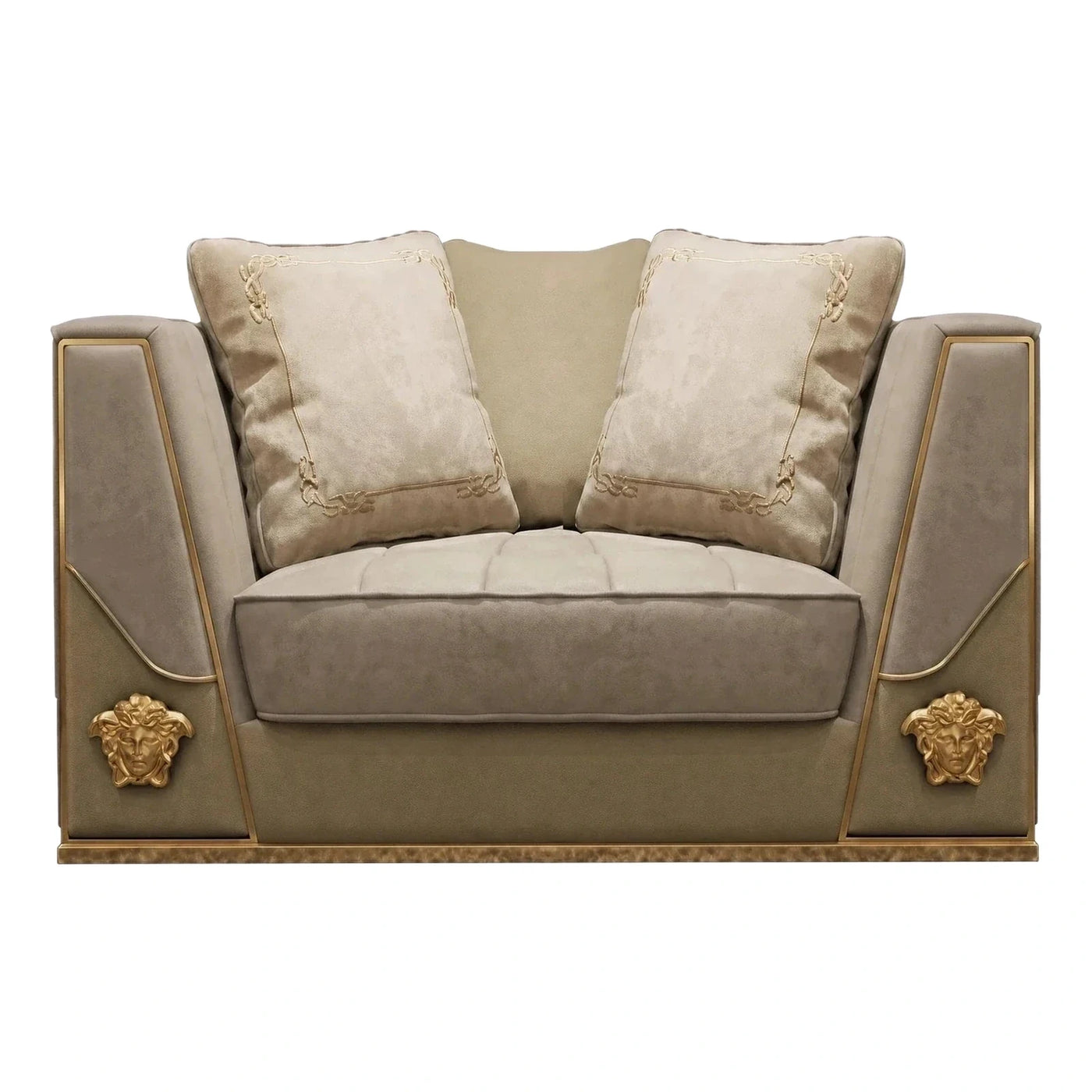 Luxury Beige Velvet Loveseat with Gold Medusa Accents