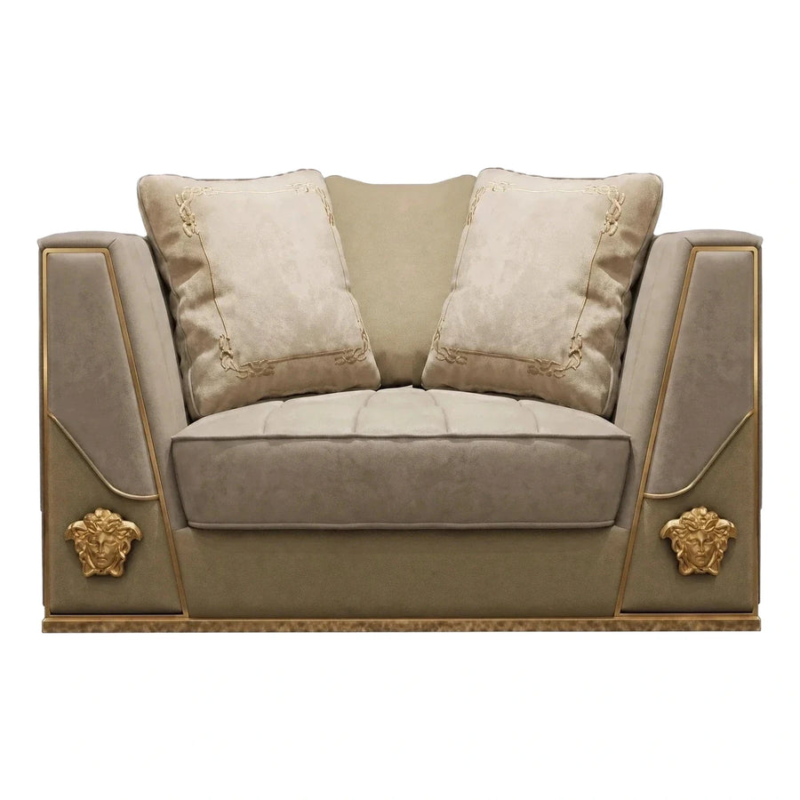 Luxury Beige Velvet Loveseat with Gold Medusa Accents