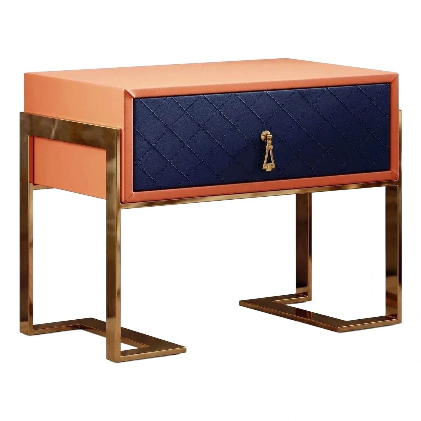 Modern Orange and Navy Quilted Leather Nightstand