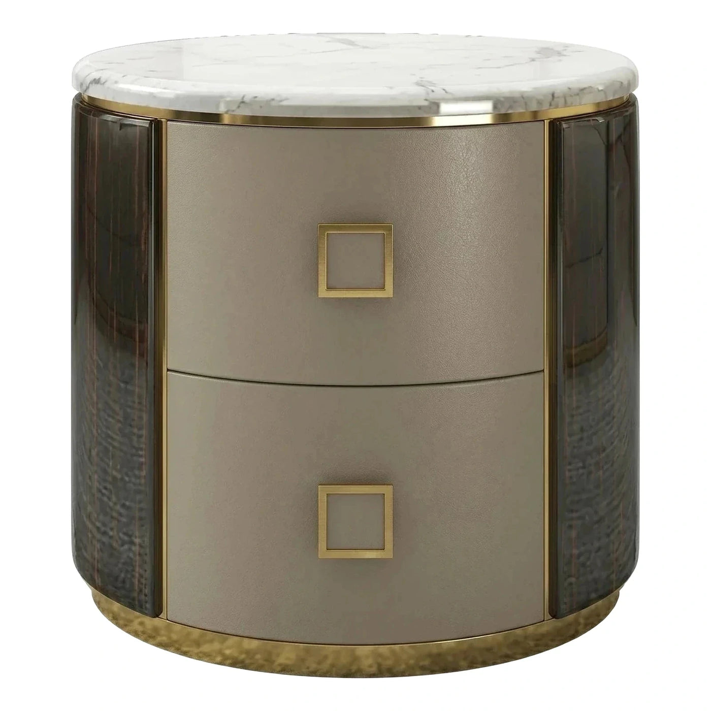 Round Marble Top Nightstand with Leather Drawers