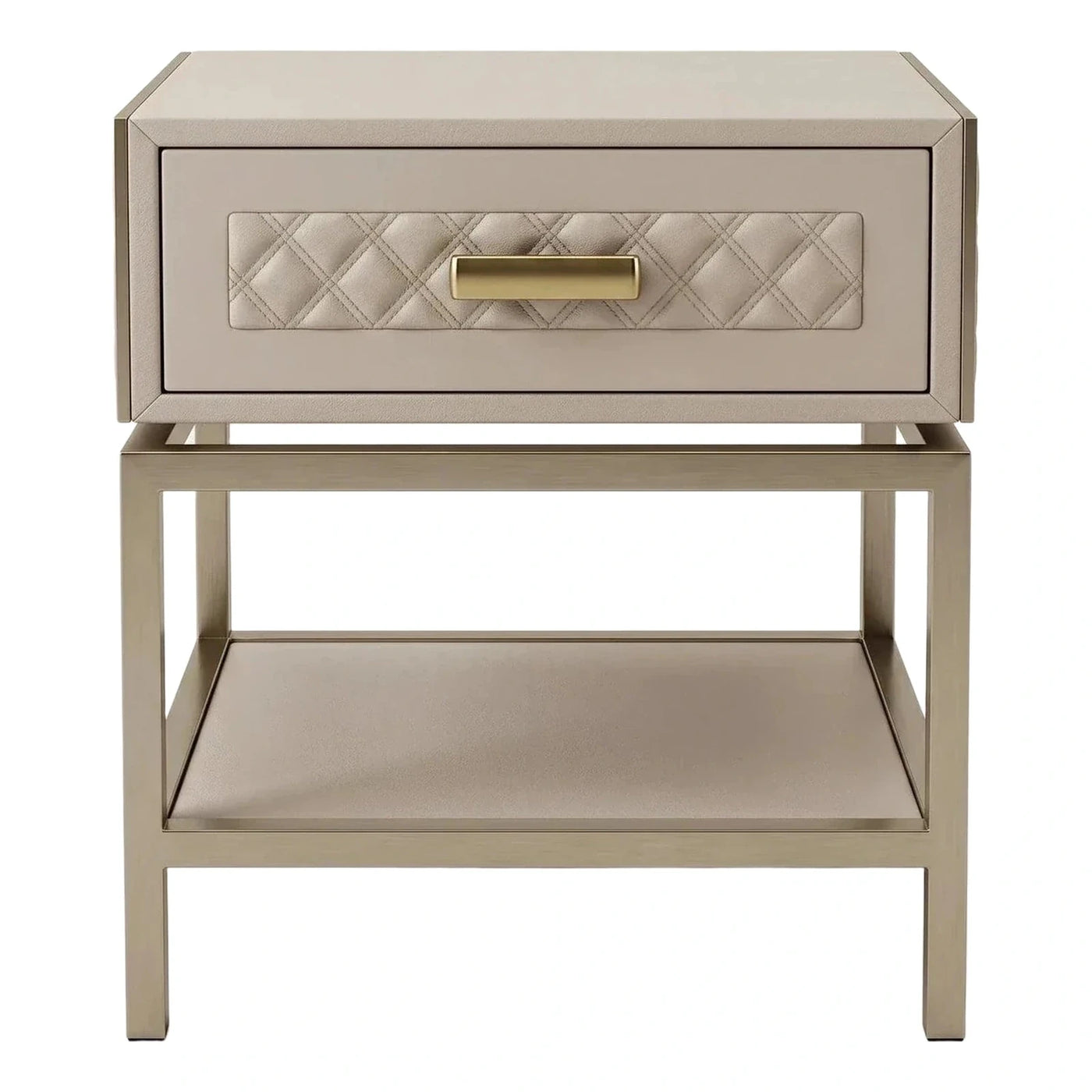Beige Leather Nightstand with Quilted Drawer and Metal Frame