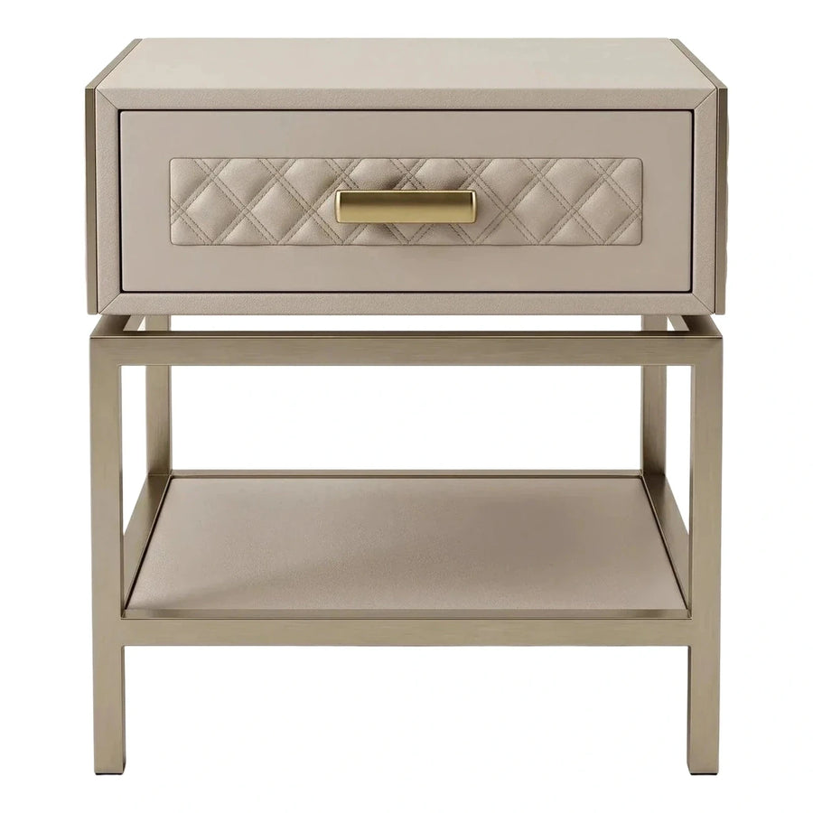 Beige Leather Nightstand with Quilted Drawer and Metal Frame