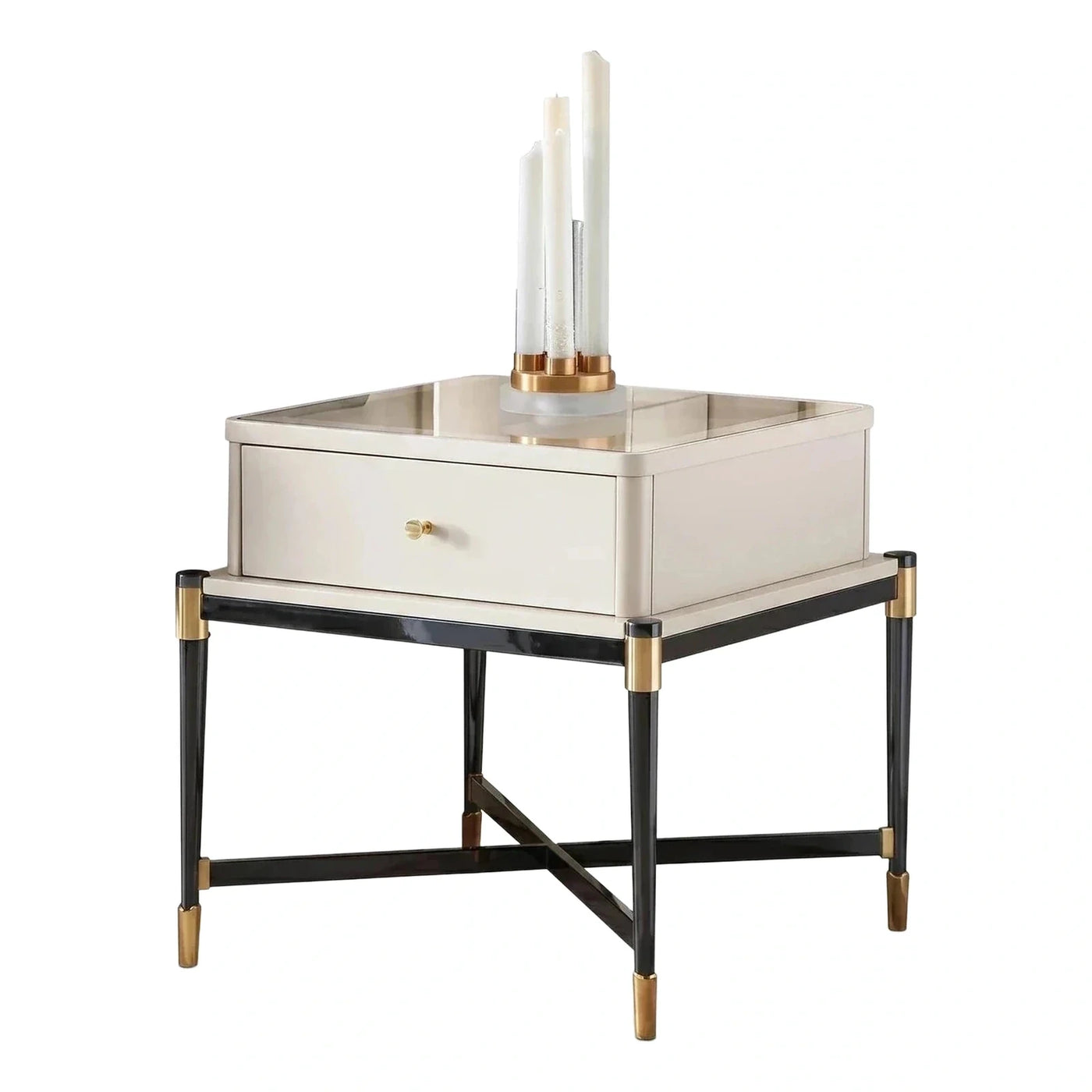 Cream Nightstand with Glass Top and Gold Accents