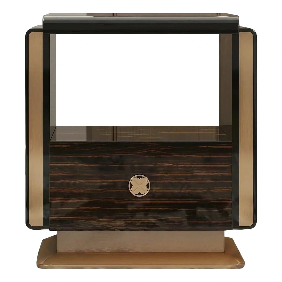 Luxury Gold Metal Nightstand with Dark Wood Veneer Drawer