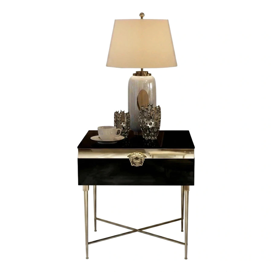 Black Glossy Nightstand with Gold Medusa Handle