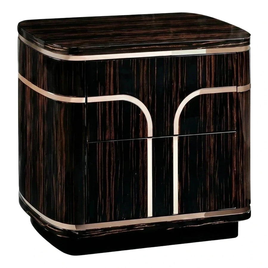 Curved Luxury Nightstand with Dark Wood and Gold Trim