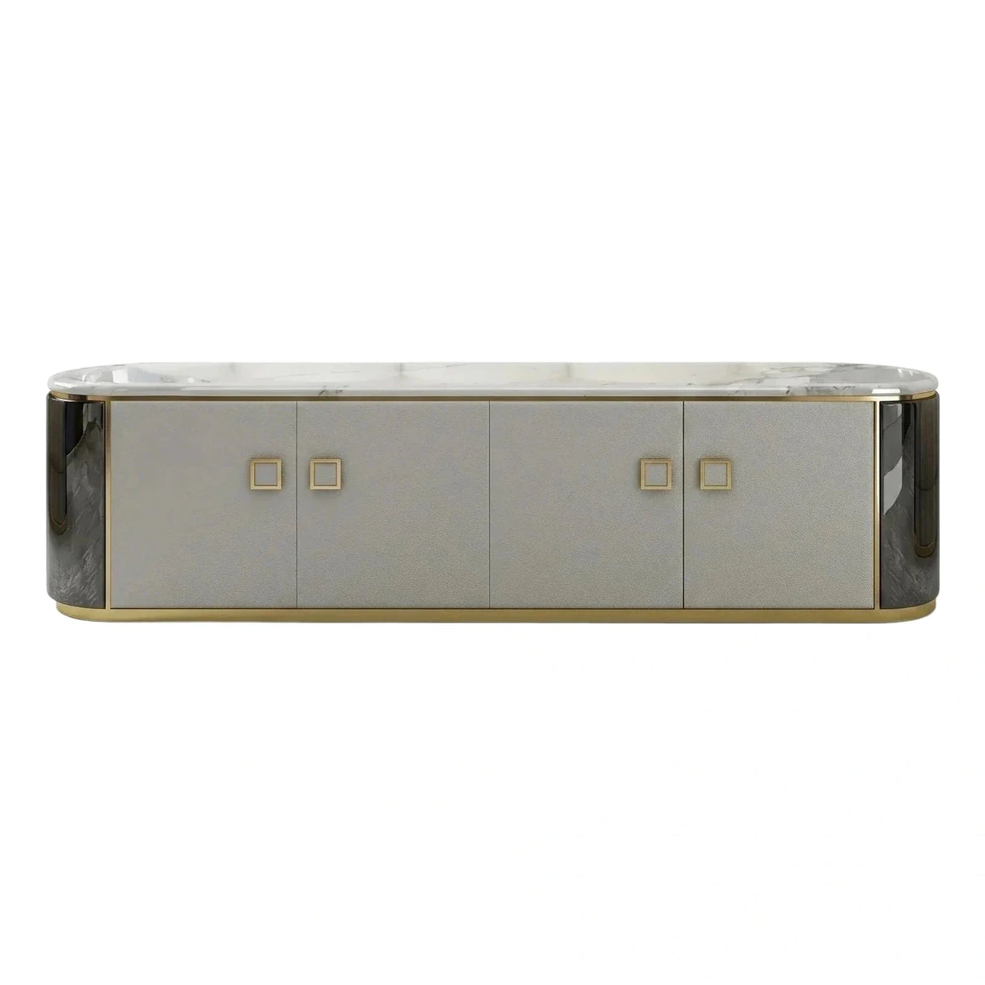 Oval Marble Top Sideboard with Grey Leather Doors