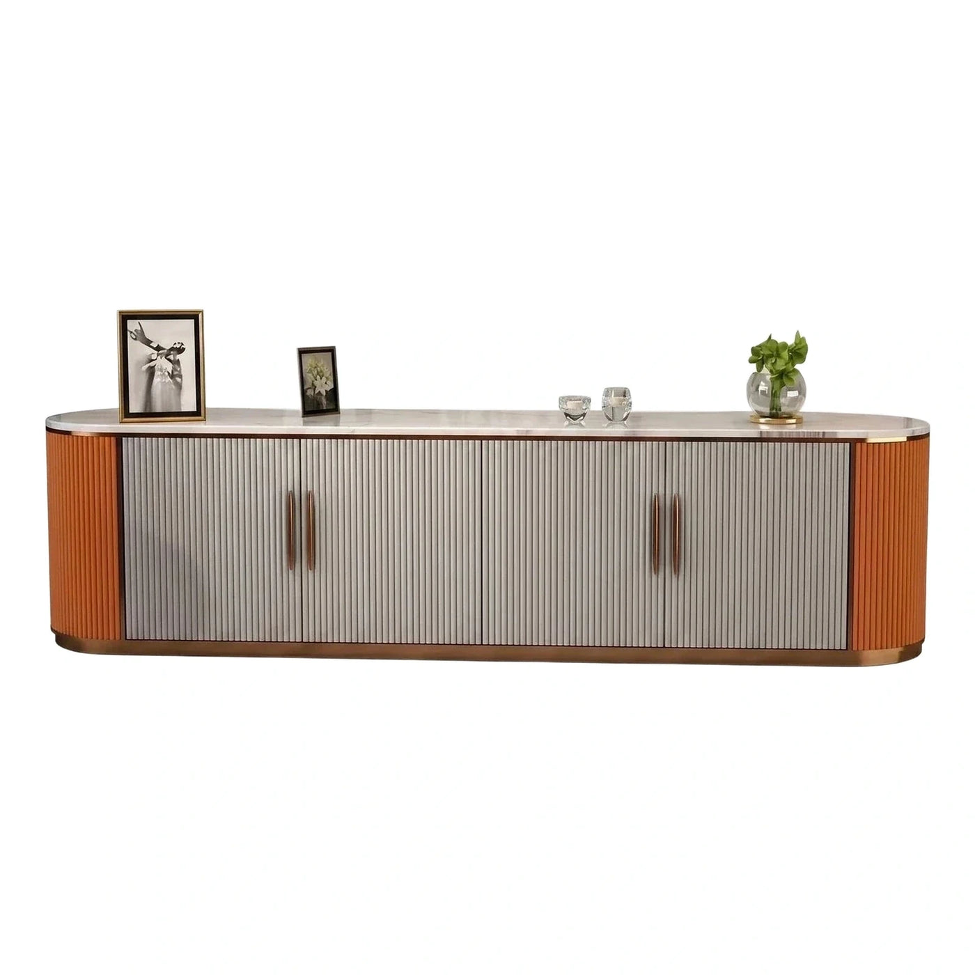 Modern Fluted Sideboard with Stone Top and Brass Accents